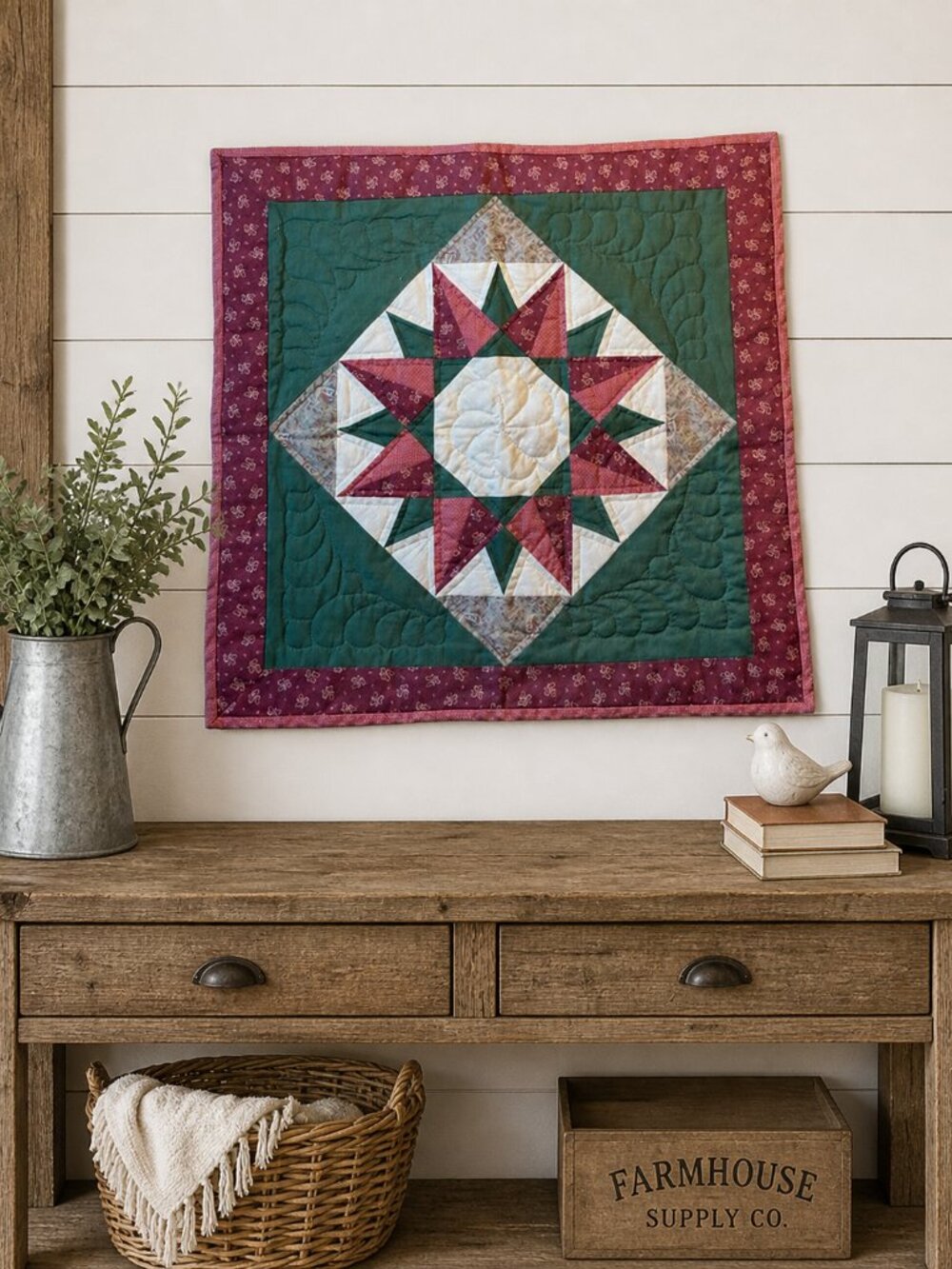 Vintage Handmade Quilt Wall Hanging Star Pattern Farmhouse Cottagecore 23”